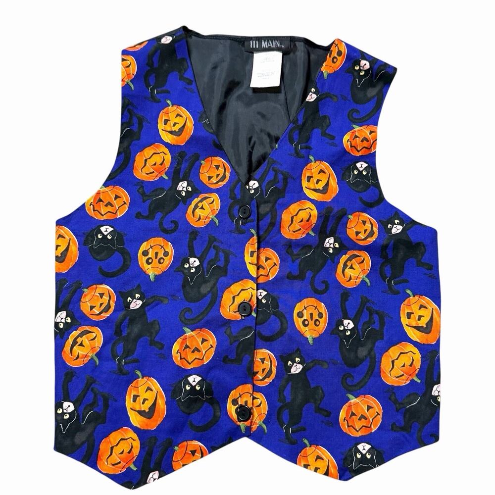 VTG 80s 90s CHILD’S XL HALLOWEEN VEST BY 111 MAIN BLACK CAT PUMPKIN WOMENS XS